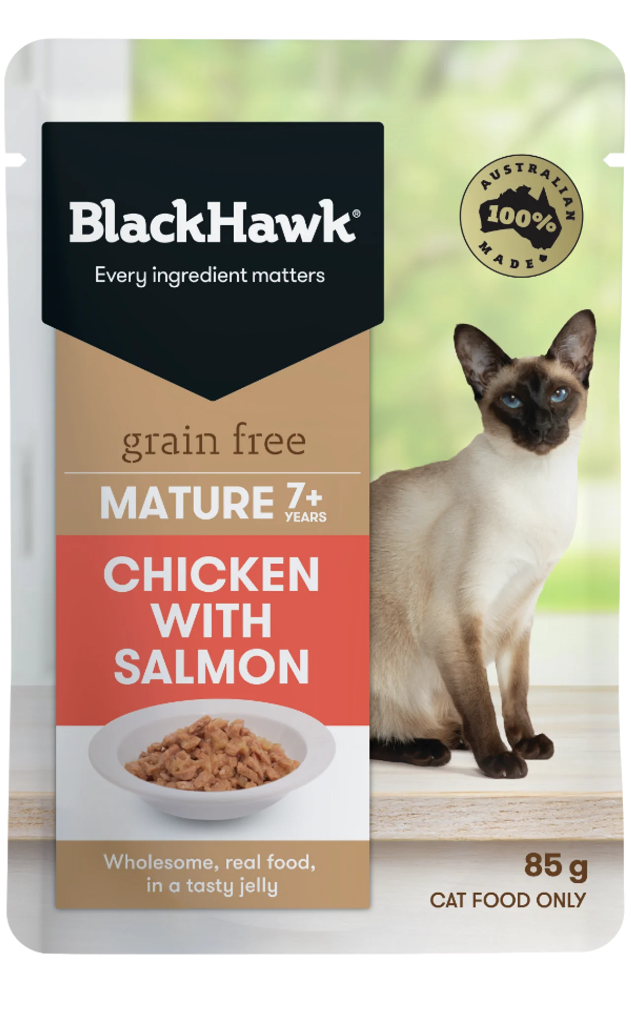 BLACK HAWK CAT MATURE CHICKEN W SALMON 85G